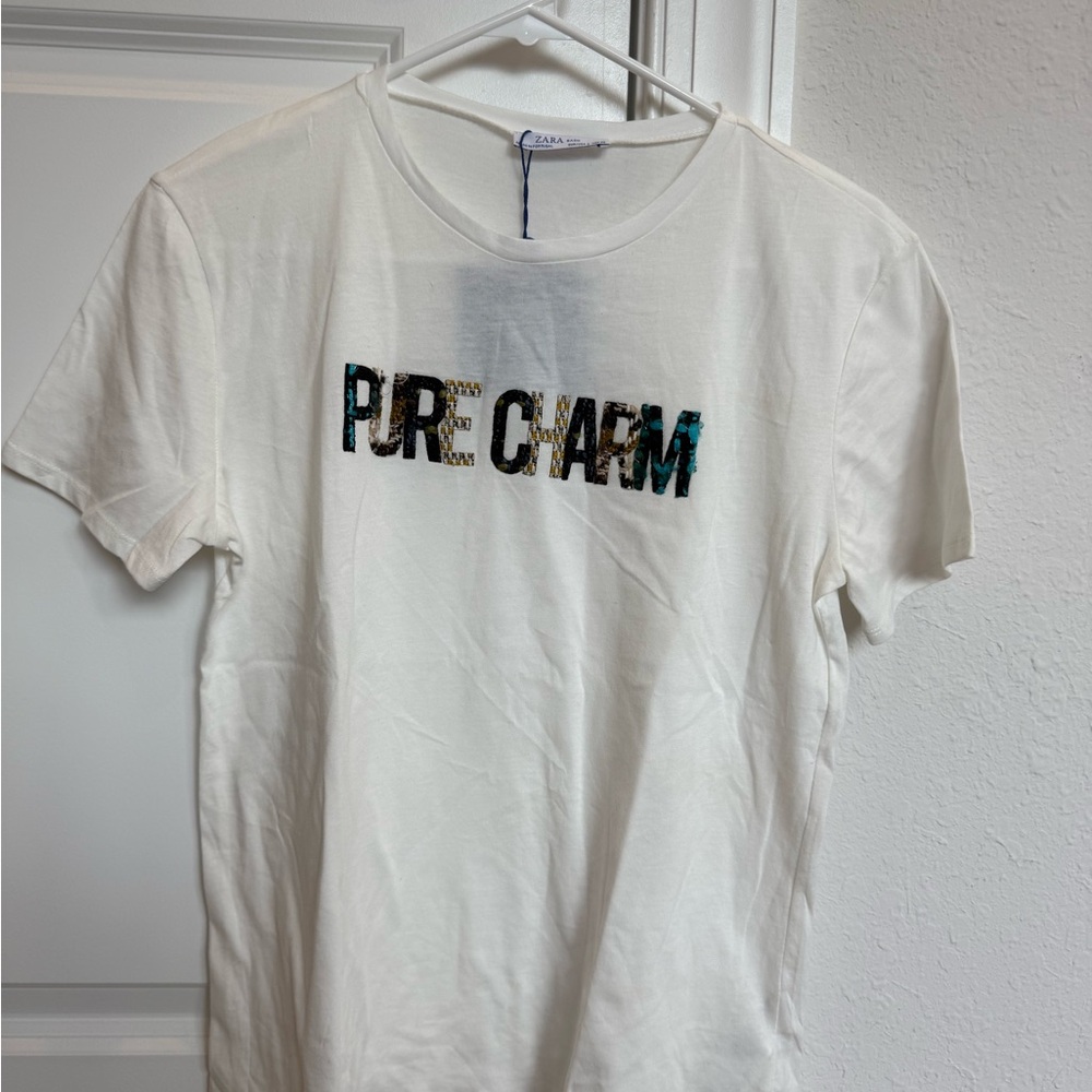 Zara White T-Shirt with Multicolor 'Pure Charm' Design